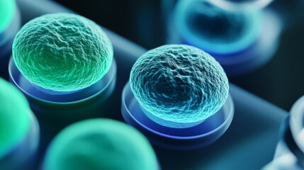 Close-up of stem cells on a lab slide, illuminated with blue and green light