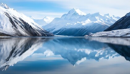 Peaceful lake reflects snow-capped mountains, a dreamlike vista.