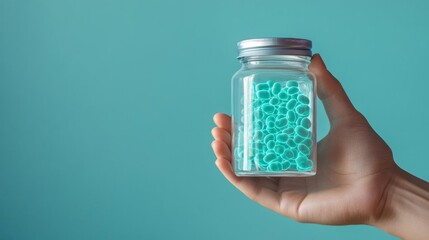 Human hand holding a glass jar containing glowing stem cells, sci-fi concept