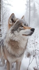 Obraz premium A wolf in snowy Canadian forest.