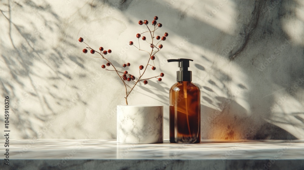 Fototapete a brown glass bottle and a simple white planter with a small branch of berries are carefully placed 