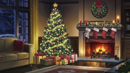 Fototapeta premium decorated christmas tree celebration concept anime style