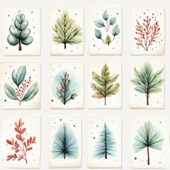 Whimsical watercolor tree collection: botanical art tiles with festive seamless pattern