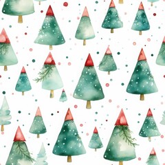 Festive watercolor christmas trees seamless pattern with red accents