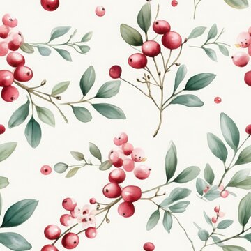 Seamless cranberry and greenery watercolor pattern on light background