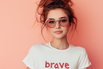 Fototapeta premium trendy young woman in heart shaped sunglasses and a white t shirt labeled 