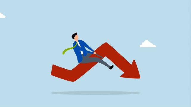 crypto currency crash and going down, 4k animation of Entrepreneurial investor participating in rodeo experiences a decrease in the red arrow graph, facing uncertainty.