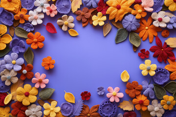colorful crochet flowers pattern with detailed floral and leaf decorations on a vibrant violet background, ideal for arts and crafts themes