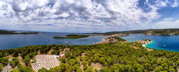 Aerial view of Rogoznica, Croatia, above lavender labyrinth and beautiful pine forest on the...