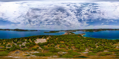 Aerial 360 degree panorama of Rogoznica, Croatia, above lavender labyrinth and beautiful pine forest on the dalmatian coast