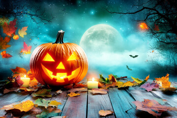 Halloween themed background. Jack-o'-lantern with a sinister grin under the moonlight.