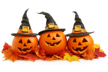 Halloween carved pumpkins in witch hats and maple leaves on white background