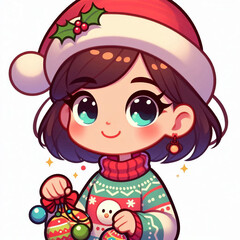 Fototapeta premium Cute funny smiling cartoon girl in holiday sweater.