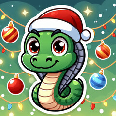 Cartoon funny cute snake with Christmas ornaments and festive decorations.