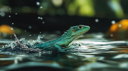 . A vibrant green basilisk lizard running across the surface of water