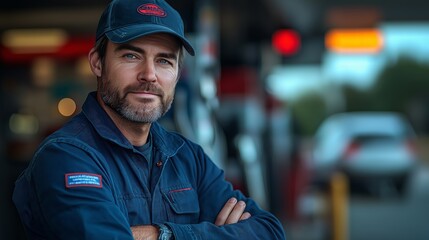 Obraz premium Caucasian mechanic in a uniform standing confidently at a garage, ideal for auto service ads, garage promotions, or mechanic-related content. Rich blues and reds create a professional tone