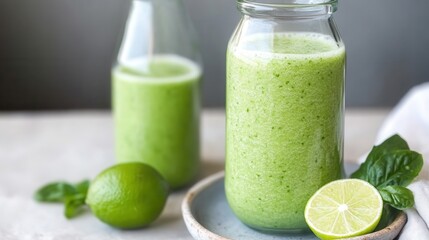 Refreshing green smoothie served in glass jars with lime and mint leaves in a stylish kitchen setting