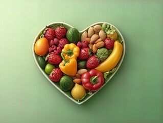 Vibrant Heart-Shaped Dish of Fresh Fruits and Vegetables: Perfect as a Poster for a Sporty Kitchen or Health-Conscious Living Space