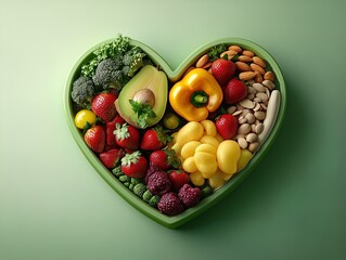 Vibrant Heart-Shaped Dish of Fresh Fruits and Vegetables: Perfect as a Poster for a Sporty Kitchen or Health-Conscious Living Space