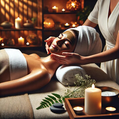 Wellness Spa Relaxation
 A person lying down in a serene spa environment, receiving a calming facial treatment that promotes relaxation and skin care
