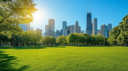 Fototapeta premium A vibrant green park with lush trees under a clear blue sky, showcasing a modern cityscape in the background.