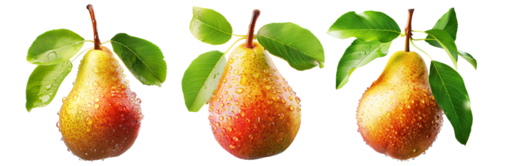 Fresh juicy pear with water droplets and leaf isolated on a white background, highlighting its natural beauty and freshness