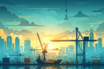 Obraz premium Vector illustration of a futuristic city dockyard, with autonomous cargo ships, smart cranes, and automated logistics systems managing global trade flows