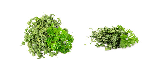 Obraz premium Dry parsley pile isolated. Crushed cilantro leaves heap, dried garden parsley, chervil flakes, corriender pileces