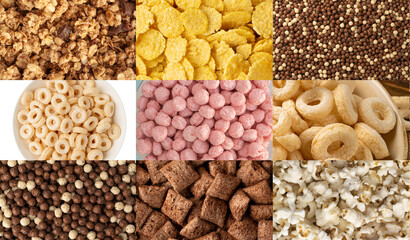 Breakfast cereal balls mix texture background, crunchy corn cereals collage, color crispy corn balls pattern