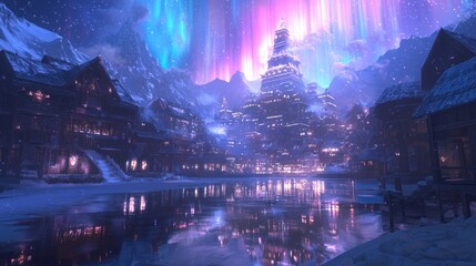 Obraz premium Enchanting Aurora Borealis Over Medieval Winter Village with Colorful Reflections on Snowy Rooftops - Ultra-Detailed Fantasy Image