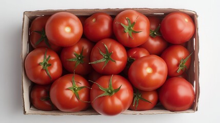Fresh organic farm tomatoes harvested at peak ripeness, showcasing their vibrant color and natural freshness in a rustic wooden crate