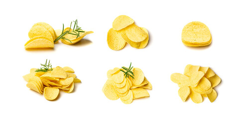 Potato dill chips pile isolated. Crispy thin potato snack heap set, fast food snacks with greens, spices
