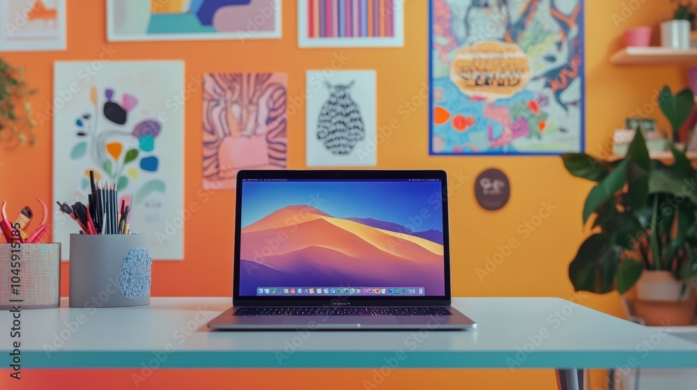 Aufkleber a modern laptop displays a scenic background on a clean desk among art pieces and vibrant greenery, 