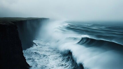   A wave crashes onto a cliff's edge in the midst of an oceanic fog