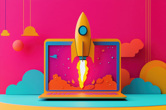 dynamic 3d rocket blasting off from a laptop on a pastel-hued background, ideal for presentations on innovation and tech startups