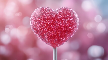 Fototapeta premium A heart-shaped red candy lollipop covered in sugar crystals on a blurred pink background.