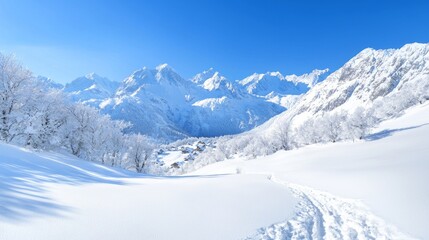 A Winter's Tale in the Medieval Mountains - Majestic Snow-Covered Peaks and Village Below