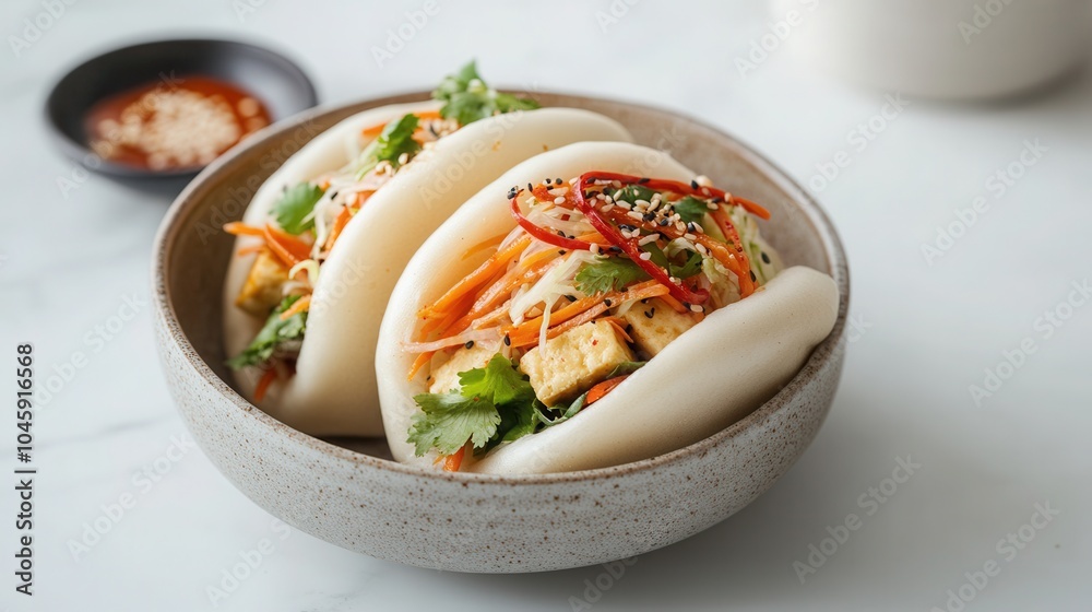 Wall mural Korean style tofu and salad bao buns with red chili on a marble kitchen surface