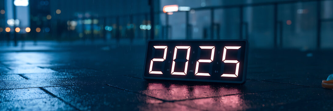 Digital clock displaying 2023  pink and black  rainy night  new year countdown  anticipation and hope   