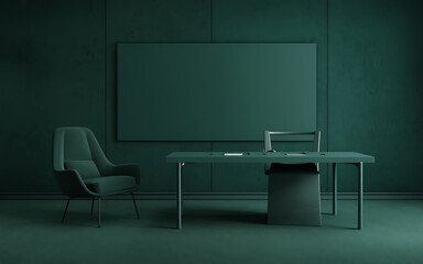 Minimalist green office interior with a desk and chairs  perfect for modern workspace design   