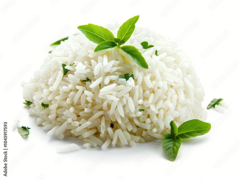 Wall mural a mound of jasmine rice with a garnish on a white background