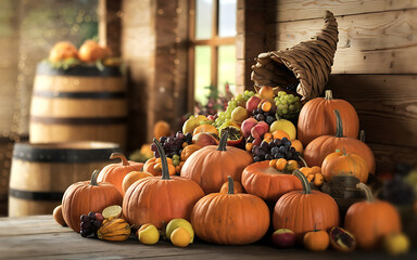 Abundant Autumn Harvest with Orange and Brown Tones: Thanksgiving Celebration  