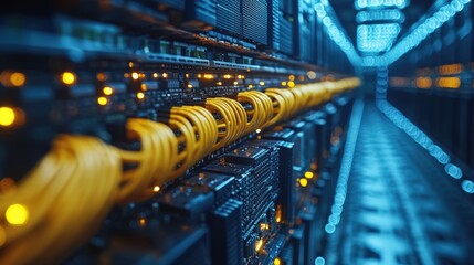 Modern data center with yellow cables connected to patch panel, close-up of network interface 