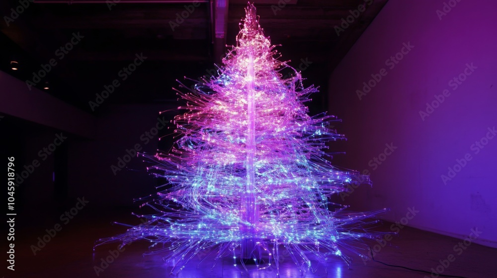 Poster a tall fiber optic christmas tree with a purple and pink color scheme stands against a dark wall. th