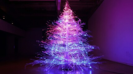 A tall fiber optic Christmas tree with a purple and pink color scheme stands against a dark wall. The tree's branches are made of thin, clear strands that glow brightly.