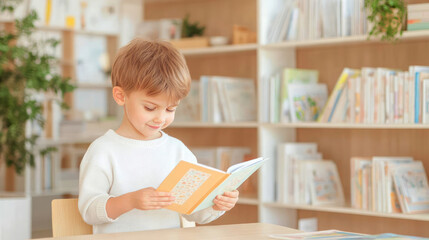 child reading book in minimalistic learning space, surrounded by bookshelves filled with colorful books. atmosphere is calm and inviting, encouraging love for reading