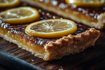 Macro Shot of Lemon Tart with Flaky Crust and Lemon Garnish