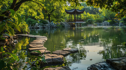 tranquil scene of ancient Chinese garden featuring serene pond, stone pathways, and traditional pavilion surrounded by lush greenery. peaceful atmosphere invites relaxation and reflection
