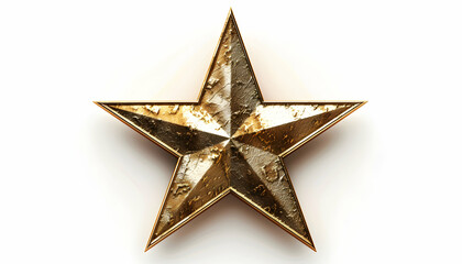 Fototapeta premium A single, golden, five-pointed star with a textured surface isolated on a white background.