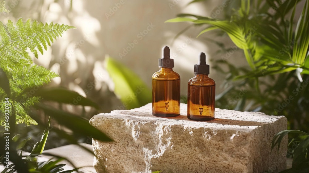 Poster Two amber bottles with droppers are displayed on a stone platform in a natural setting. Sunlight shines through the leaves of surrounding plants, creating a warm glow.